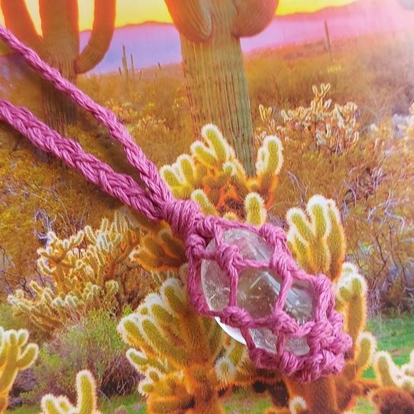 Macrame, Quartz Pink Hemp Necklace Handcrafted - Picture 4 of 13